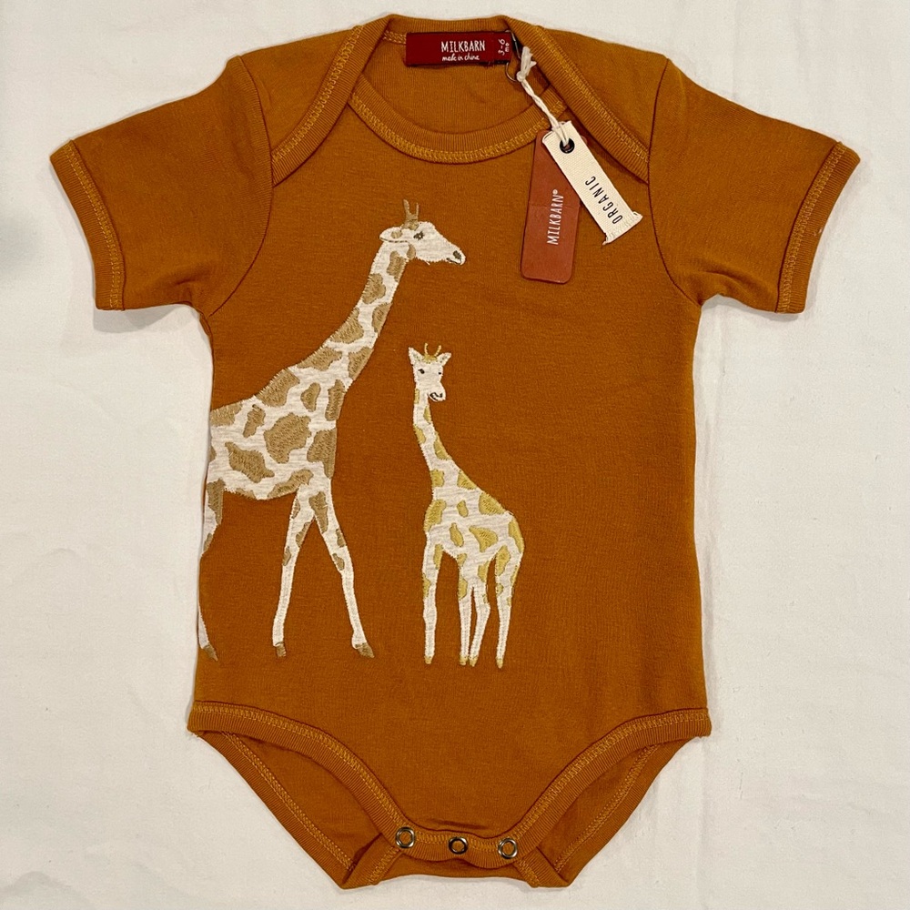 New Milkbarn Bodysuit Boys 3-6M Girls Orange Giraffe Appliqué Organic Cotton